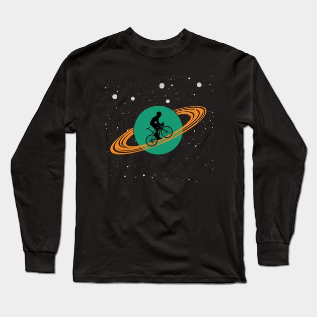 Cycling In Saturn Rings Retro Bicycle Solar System Space Long Sleeve T-Shirt by mrsmitful01